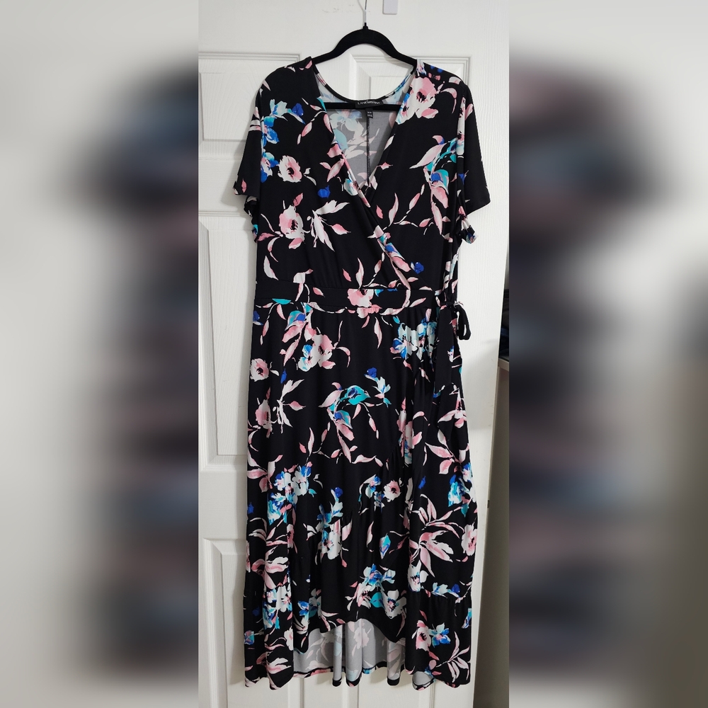 Lane Bryant Soft Stretch Floral Faux Wrap Tie Maxi Dress - Black Ruffle Sleeves